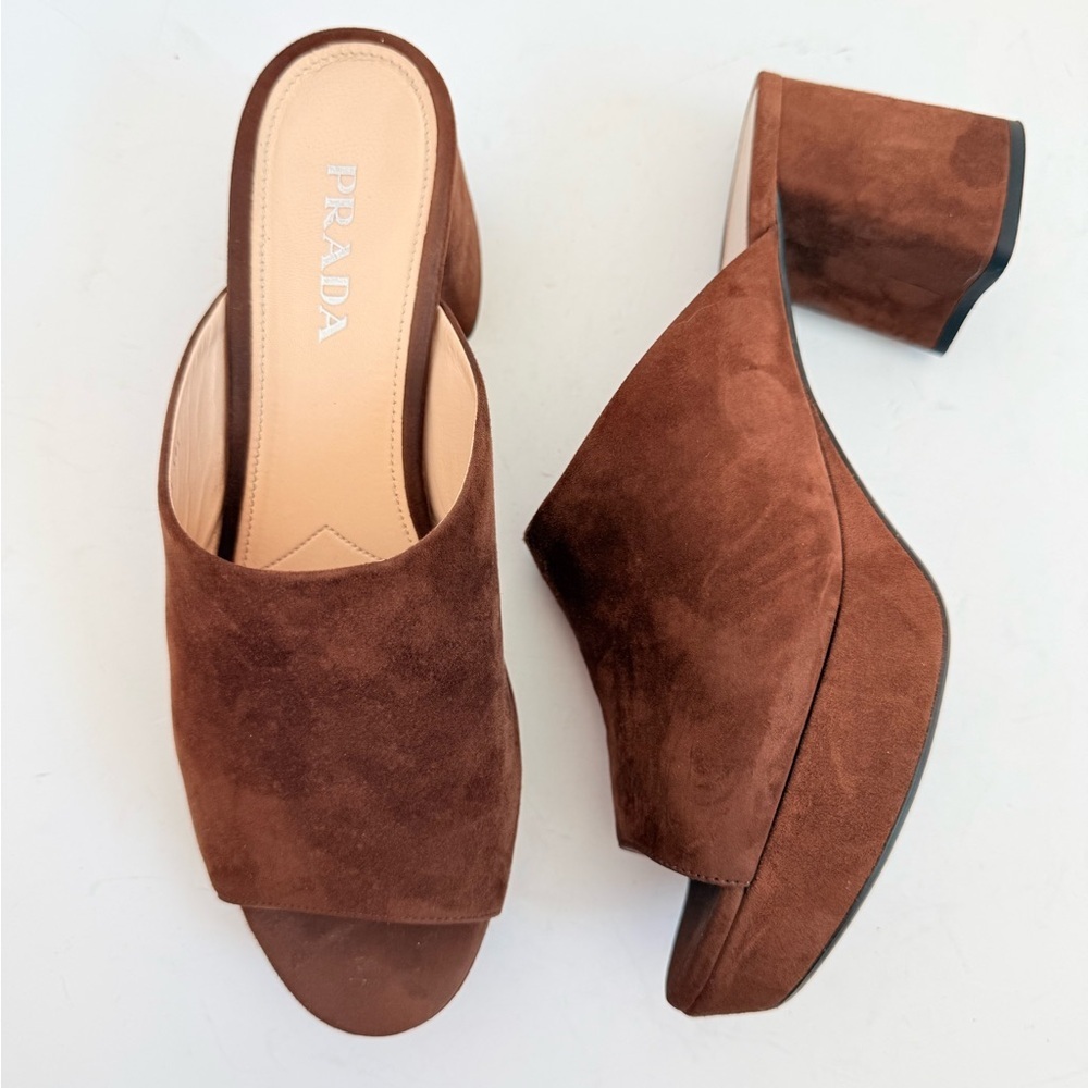 Prada Brown Suede Leather platform mid Heel mules sandals EU 39.5